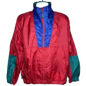 Vintage 80s Surf Gear Windbreaker Jacket Size XL Red Blue Color Block Full Zip